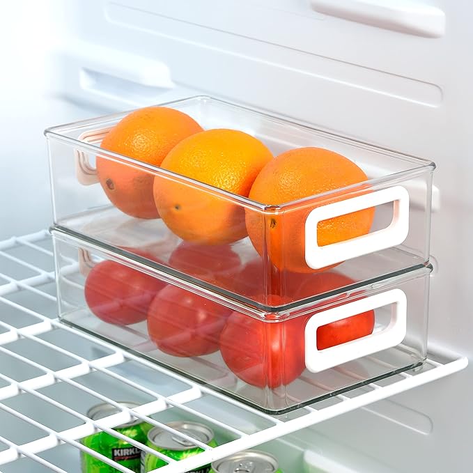 Youngever 2 Pack Stackable Plastic Storage Organizer Container Bin, Stackable Storage Bins with Handler for Refrigerator, Pantry (10" x 6" x 3")