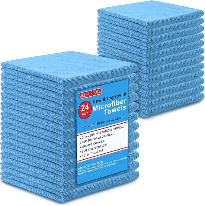 Microfiber Cleaning Towels, Pack of 24, Ultra Soft Plush Washcloth, All Purpose Premium Microfiber Detailing Cleaning Cloths Reusable Shop Towels (16" x 16", Sky Blue)