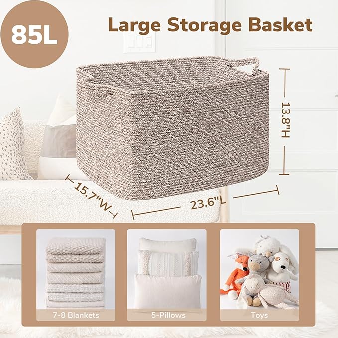 Goodpick Blanket Basket, Woven Baskets for Storage, Extra Large Storage Basket for Clothes, Toys, Dirty Clothes Basket for Laundry, Living Room, 23.6" x 15.7" x 13.8", Brown, 85L