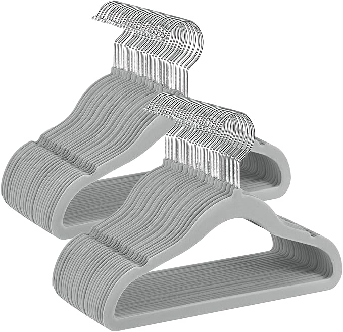 SONGMICS Baby Kids Hangers 50 Pack for Closet, 11.8 x 8.1 Inches, Silver 360° Swivel Hooks, Space-Saving Clothes Velvet Hangers for Nursery, Non-Slip, Dove Gray UCRF027G05