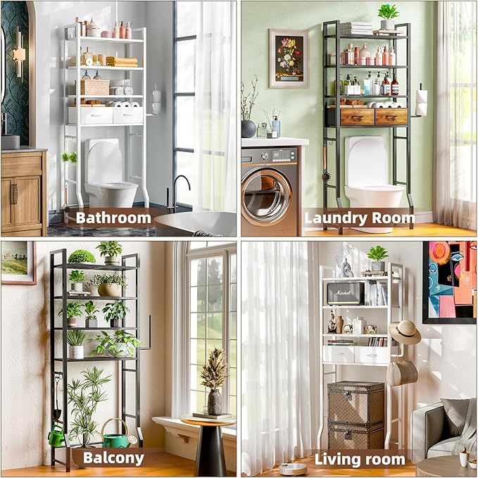 Simple Trending 4 Tier Over The Toilet Storage with Drawers, Heavy Duty Bathroom Stand Organizer Metal Shelves for Laundry, Black