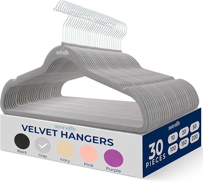 SereneLife 30 Pack Velvet Hangers – Non-Slip Clothes Hangers with Heavy Duty Design, Slim Space-Saving Coat Hangers with 360° Swivel Hook, Strong Lightweight Closet Organizer Set for Clothes (Gray)