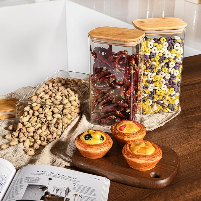 D2scrma 56oz Rectangle Airtight Glass Storage Containers with Bamboo Lids (Set of 3), Square Food Storage Jar, Pantry Organizers for Oats, Cereal, Pasta and Coffee beans (‎with Black Lable)