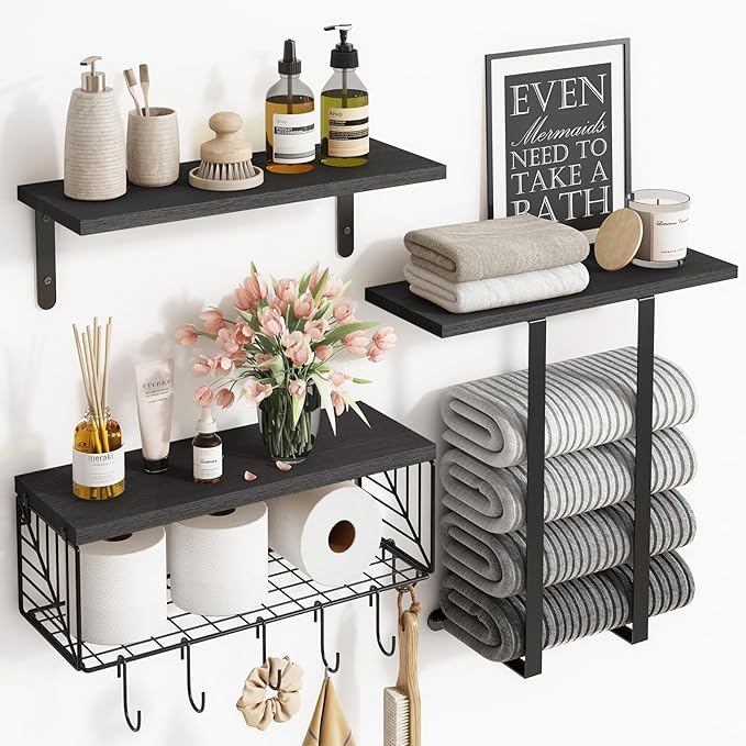 Fixwal Bathroom Floating Shelves Over Toilet Wall Shelves Set with Towel Storage Rack for Bathroom Organization & Wall Decor(Black)