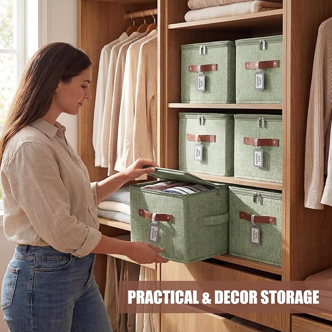Fiwochic 6 Pack Fabric Storage Bins with Lids, 10x8x7Inch Foldable Cotton Linen Storage Boxes with PU Leather Handles and Label Holders for Closet, Bedroom, Shelf, Nursery, Green