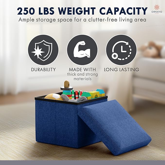 Ornavo Home Small Storage Ottoman, Set of 2 Foldable Collapsible Cube Square Linen Ottoman Foot Rest Stool Seat, for Living Room, Bedroom, Home Office, Dorm - 12 x 12 x 12, Navy Blue