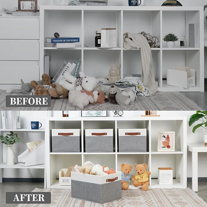 Bidtakay Storage Bins 4-Pack Collapsible Fabric Storage Baskets for Organizing 15x11x9.5 Inches White/Light Grey
