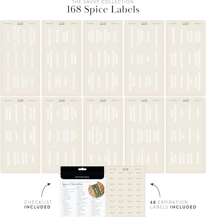 SAVVY & SORTED Spice Labels for Spice Jars, 168 Clear Spice Jar Label Stickers Seasoning Containers, Expiration Labels, Spice Organizer Herb Pantry Label