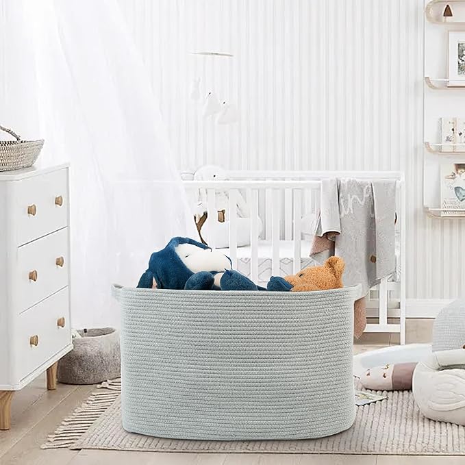 Extra Large Rectangle Storage Basket, 23.6" x 17" x 12" Gray Blanket Storage for Living Room, Large Soft Woven Cotton Rope Bin for Organizing, Kids Dog Wicker Toy Box Organizer
