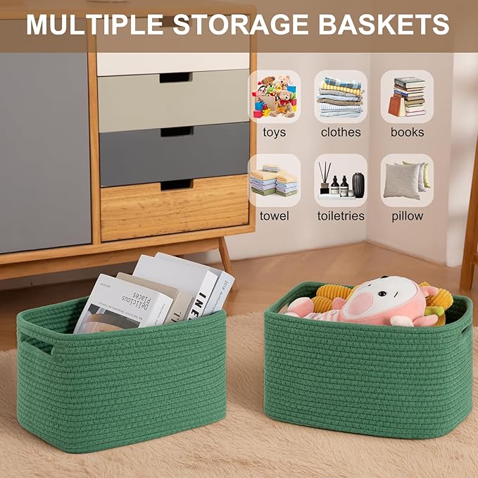 Storage Baskets for Organizing, Woven Decorative Baskets for Shelves - Books, Towels, and Clothes, Cotton Rope Toy Storage Bins, 12.7''Lx9''Wx7.8''H, Pack of 4, Green