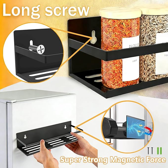 Magnetic Spice Rack for Refrigerator Seasoning Organizer for Spice Fridge Shelf storage Magnetic Shelf with Hook for Oven (4pack-Cut out-Black)