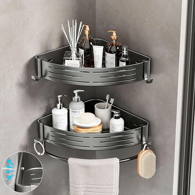 Corner Shower Caddy， 2 Pack Adhesive Shelf Corner with Towel Bar Hooks No Drilling Waterproof Rust Proof Organizer for Bathroom Storage