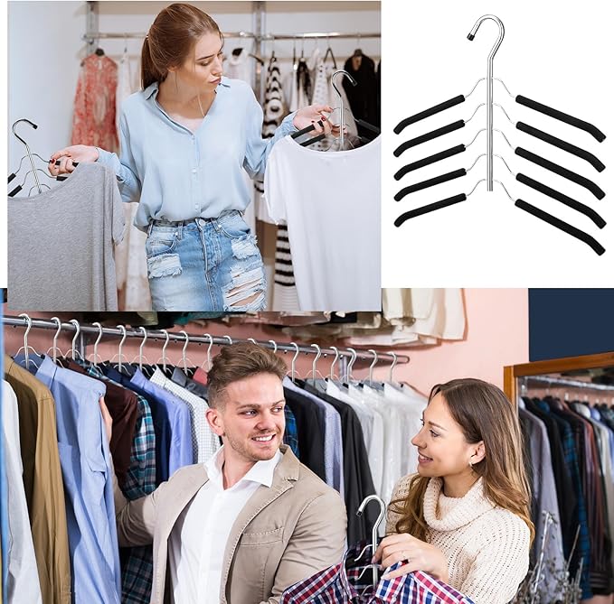 Ripeng 16 Pcs Multi Layer Clothes Hangers 5 in 1 Sweater Shirt Hanger for Shirts Space Saving Anti Slip Metal Heavy Duty Stainless Steel Blouse Tree Hangers for Suit Closet Organizer and Storage Black