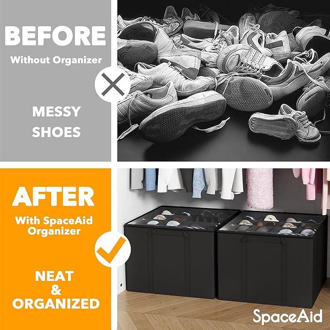 SpaceAid Shoe Organizer for Closet, 2 Pack Foldable Shoe Storage Containers Baskets Boxes Bins w/Adjustable Dividers, Fits 16-32 Pairs, Black