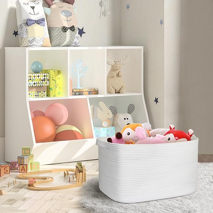 Extra Large White Storage Basket, 23.6" x 17" x 12" Rectangle Blanket Storage for Living Room, White Woven Cotton Rope Basket, Big Kids Toy Box Bin, XXXL Wicker Laundry Baskets for Organizing