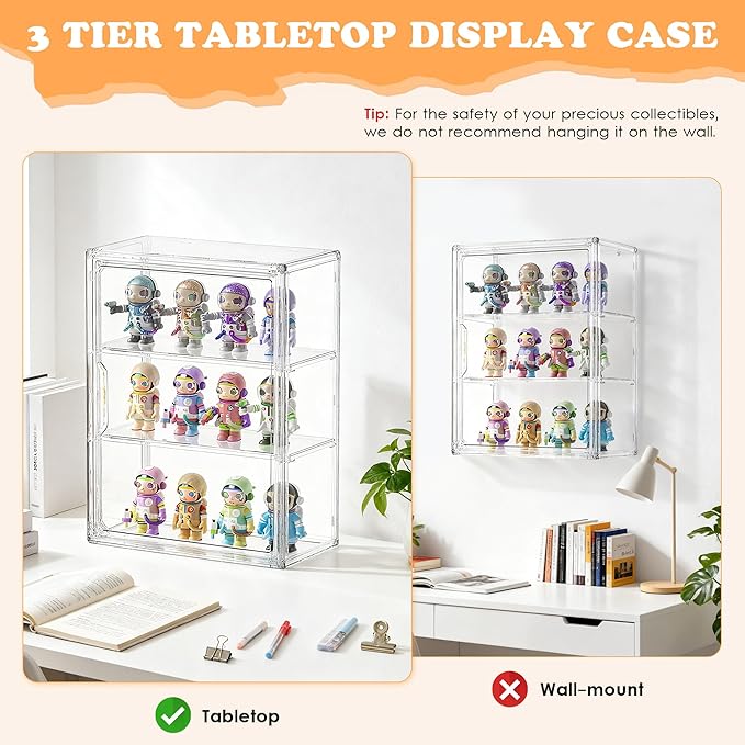 Clear Acrylic Display Case for Figures&Collectibles,3 Tier Lego Labubu Toy Box, Desktop or Storage Bin with 2 Removable Shelves,Figurine Display Shelf,Stackable Display Cabinet for Collectibles-1 Pack