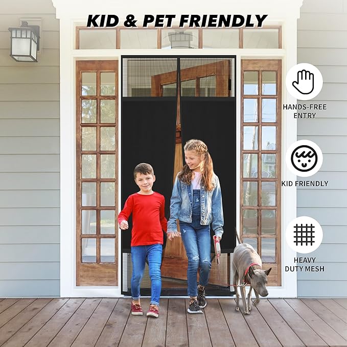 Magnetic Screen Door 72"x80" Blackout – Privacy Protection, Powerful Magnets, Heavy Duty Thicker 265g/㎡ Mesh, Easy Install, Self-Sealing, Pet Tested, Tie Backs, Screen Door Mesh