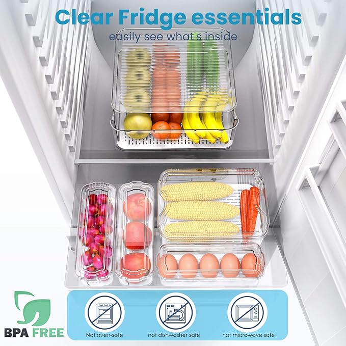 6 Pack Refrigerator Organizers, Clear Pull-out Drawer Container and Organizer Bins with Lids, Stackable Storage Containers for Fruits, Vegetable (Set of 6 (Include Pull Out Drawer))