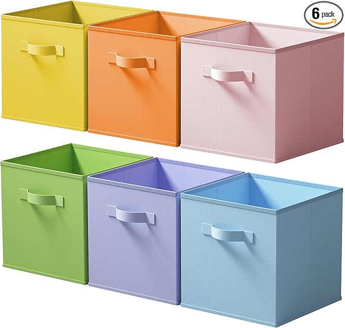 Cupic Cupid 11 Inch Storage Cube, Fabric Cube Storage Bin with Handles, Storage Cube Organizer for Clothes and Toys, Collapsible Cube Bins for Closet, Shelves, Nursery, 6-Pack, Pastel Colors