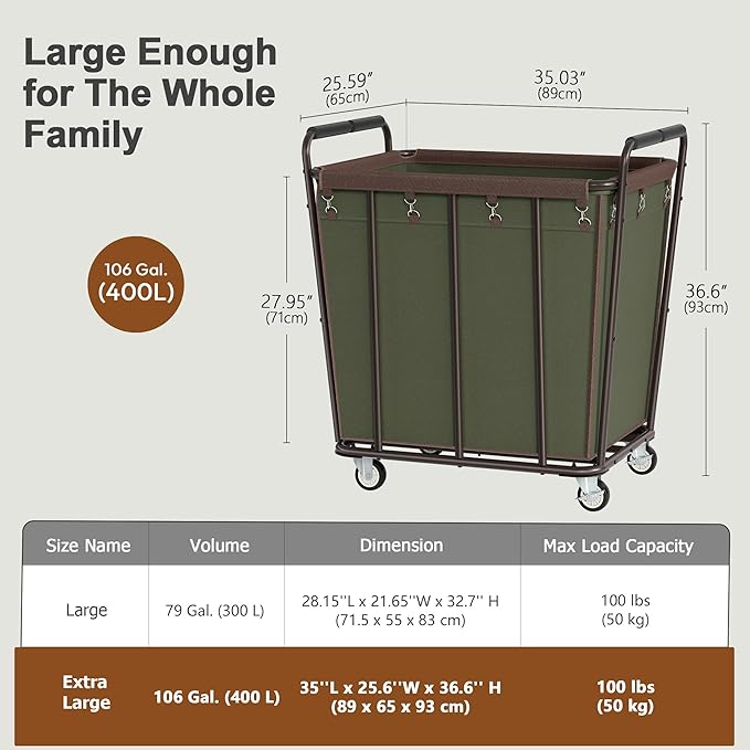 Hoctieon Large Laundry Cart with Wheels, 400L Heavy Duty Laundry Basket Organizer, Rolling Hamper Sorter for Clothes Storage, Industrial Dirty Clothes Hamper for Home & Hotel, Green+Brown