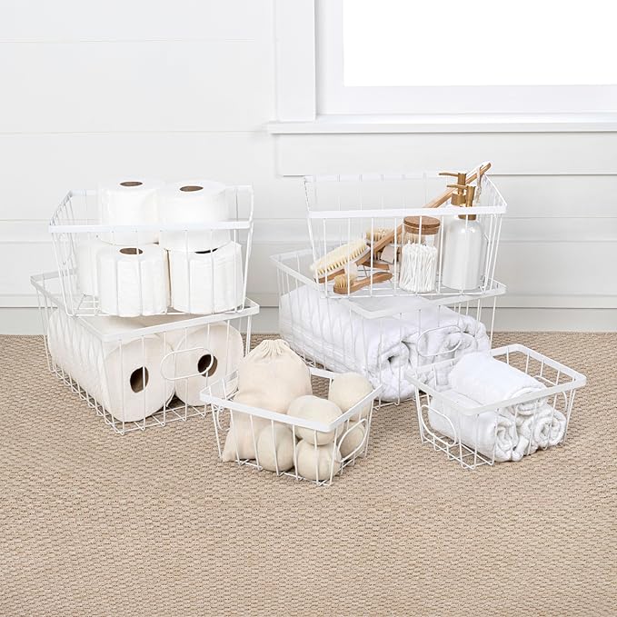 happimess BSK3001B-6SET Camden Vintage Industrial Wire Metal Nesting Storage Baskets, for Shelves, Cabinets, Pantry, Countertop, Mesh Open Bin Basket for Organizing Supplies, White (Set of 6)