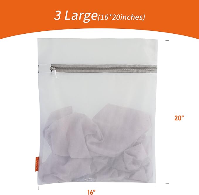 Polecasa 3Pcs 16 x 20 Inches Extra Durable Fine Mesh Laundry Bags with Sturdy Zipper for Delicates (3 Large)