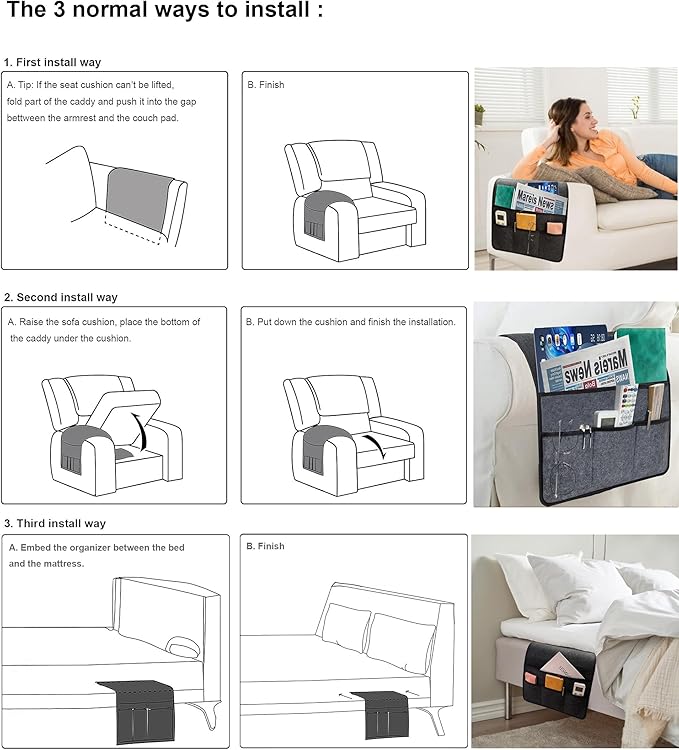 KAKKOII Sofa Armrest Caddy, Armchair Caddy for Recliner, Couch Organizer, Bedside Organizer, Remote Holder with Silicone Non-slip Design,4 Pockets for Magazine, Notepad,Phone, Ipad, Glasses (Black)