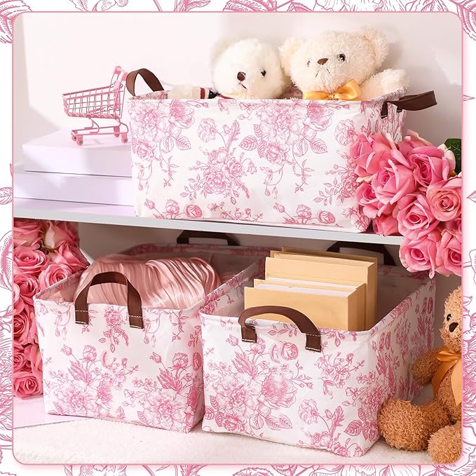 Boao 3 Pcs Pink Floral Foldable Storage Baskets Pink Hydrangea Laundry Basket with Handles Waterproof Storage Bins Fabric Shelf Baskets for Organizing Closet Clothes