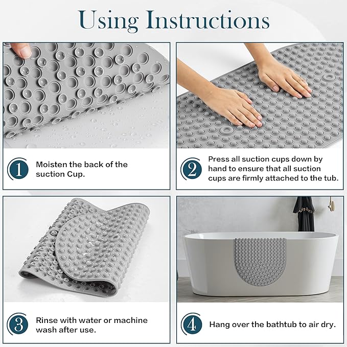 Joiyota Silicone Bath Mat for Tub Non Slip, Bubble Massage Anti Slip Shower Mat with 27 x 15 Inches for Easy Storage, Washable Bathtub Floor Mats for All Ages, Grey, Oval