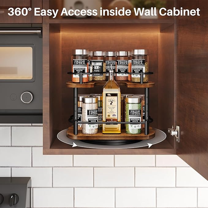 Lazy Susan Organizer Spice Rack - Spice Organization for Cabinet Height Adjustable Rotating Lazy Turntable, Pantry Kitchen Wood Revolving Seasoning Organizer (9 Inch)