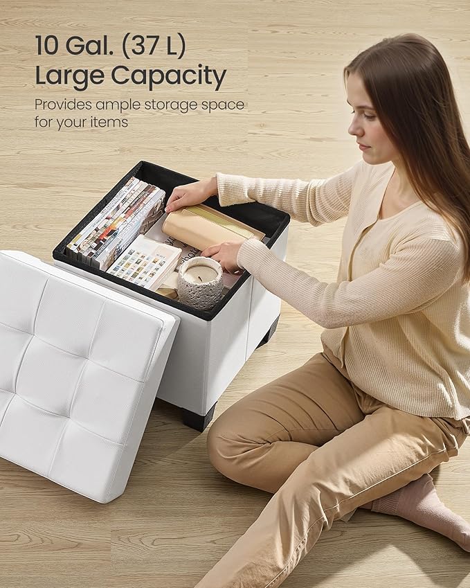 SONGMICS Storage Ottoman, Cube Ottoman with Legs, 15 x 15 x 15.7 Inches, Footstool, Footrest, 10 Gal. (37 L), Synthetic Leather, for Bedroom, Living Room, Dorm, Cloud White ULSF0512W02