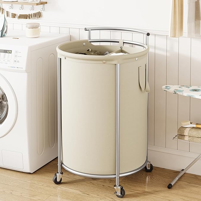 Chrislley 160L Double Laundry Hamper with Wheels, Rolling Laundry Basket with Removable Bag,Round Iron Laundry Cart with Steel Frame and Handle, Dirty Clothes Hamper Organizer for Dorm,Hoom(Beige)