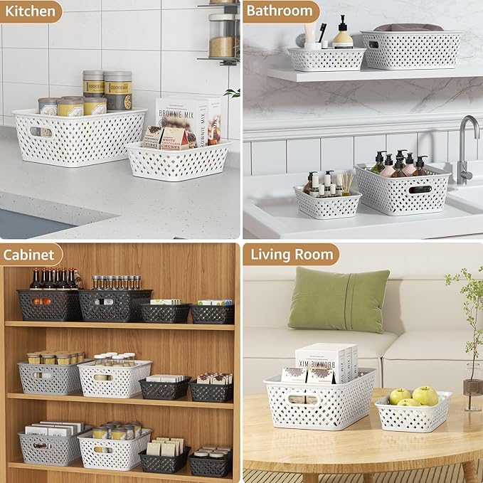 MaxGear Organization and Storage 3 Packs, Plastic Bins Organizer Bins, Woven Baskets for Storage, Plastic Baskets with Handles, White Basket for Organizing, Basket Organizer for Home and Office, Small