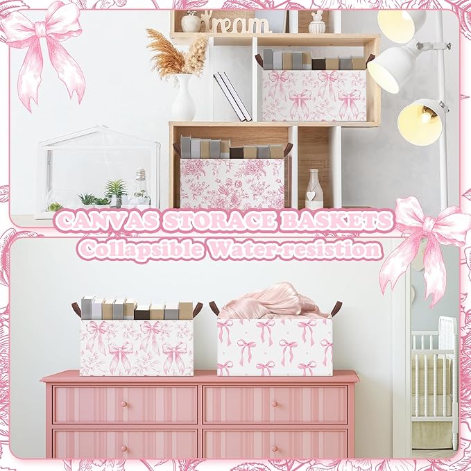 Boao 3 Pcs Pink Bow Storage Bin Coquette Collapsible Large Storage Baskets for Gifts Empty Candy Holiday Decor Canvas Laundry Basket Foldable Box with Handle for Office Home Bedroom Clothes