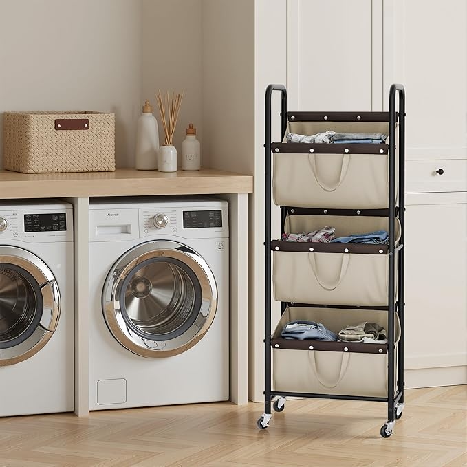 GRANNY SAYS 3 Tie Laundry Sorter, Laundry Basket with Wheels, Laundry Room Organization and Storage, 3 Section Rolling Laundry Cart for Dorm, Bathroom, Bedroom, Closet, Light Khaki