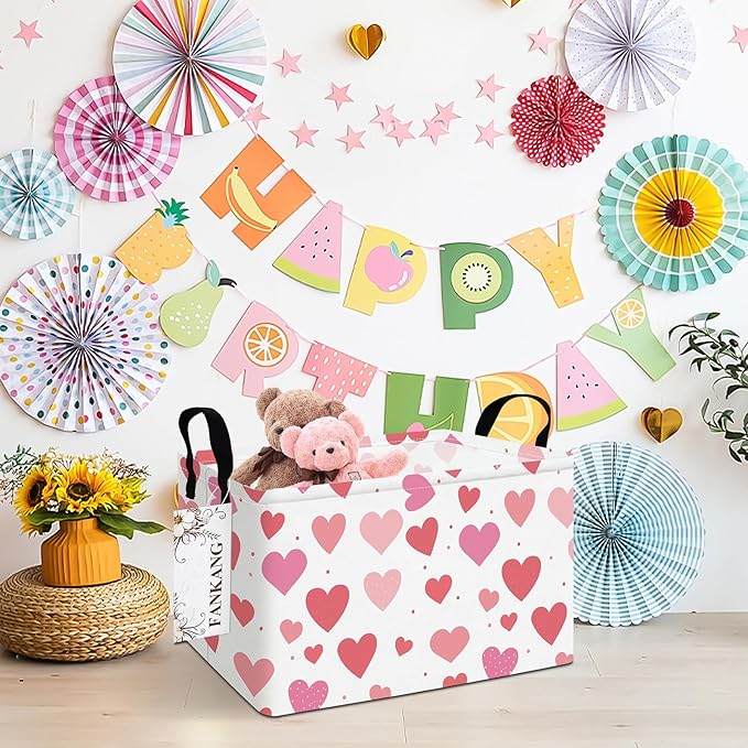 FANKANG Storage Bins,Nursery Hamper Canvas Laundry Basket Foldable with Waterproof PE Coating Storage Baskets for Boys and Girls, Office, Bedroom, Clothes,Toys(Rec-Colorful hearts ）