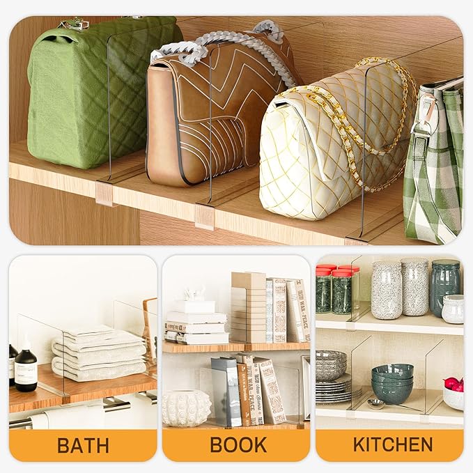 8 Pack Closet Shelf Dividers Organizer Purse Clothes Organization Acrylic Clear Tall Divider Separators for Wood Wire Thick Shelves Kitchen Office Bookshelf Storage Handbags Bag Sweater