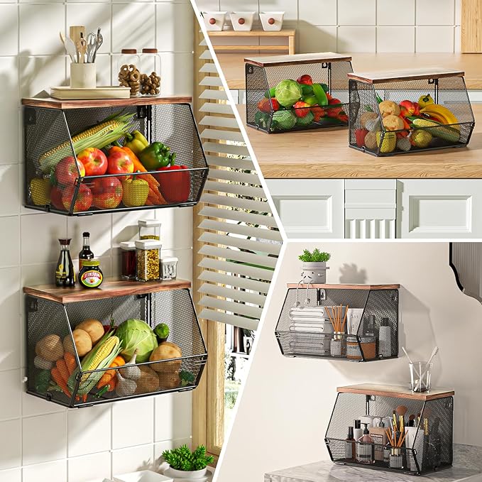 Stackable Fruit Basket for Kitchen Countertop Space Saving, Wall Mounted Mesh Metal Wire Baskets with Wood Lid Extra Storage, 2 Pack Kitchen Counter Organizer for Snack, Onion and Potato Storage