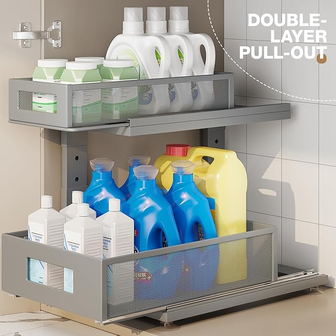 Corbyles 2 Pack 15.74IN-Depth Under Sink Organizer With Next-Gen Ball-Bearing Slides,2-Tier Pull Out Cabinet Storage,Height Adjustable Drawer Shelf for Bathroom,Kitchen,Laundry,Cabinet,Pantry-Gun Gray