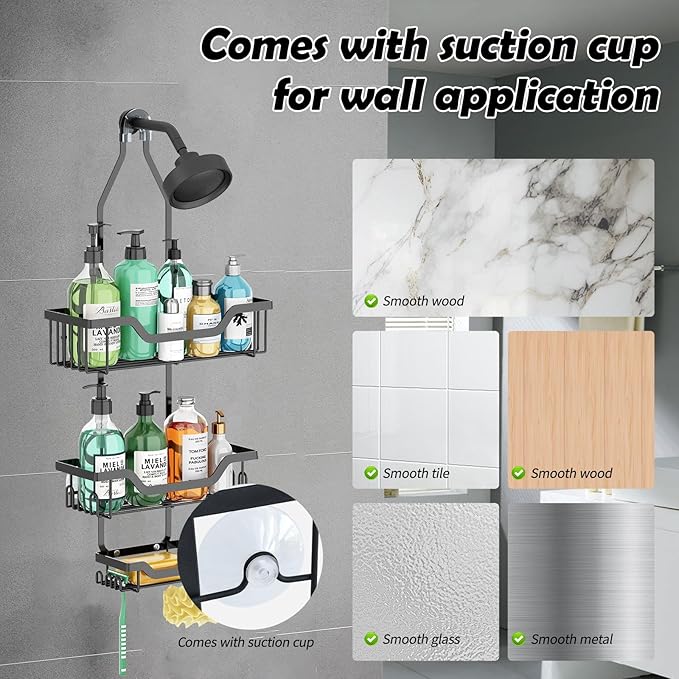 Shower Caddy Hanging, Rustproof Shower Organizer with Soap Basket and 12 Hooks, Large Capacity Anti-Swing Bathroom Organizer, Black