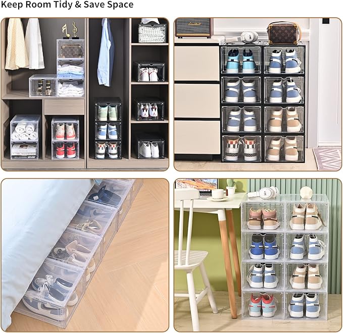 KEFA XL Shoe Storage Box, 6 PACK Shoe Boxes Clear Plastc Stackable Organizer, Clear Plastic Shoe Boxes Fit for US 15 (6 PACK CLEAR)