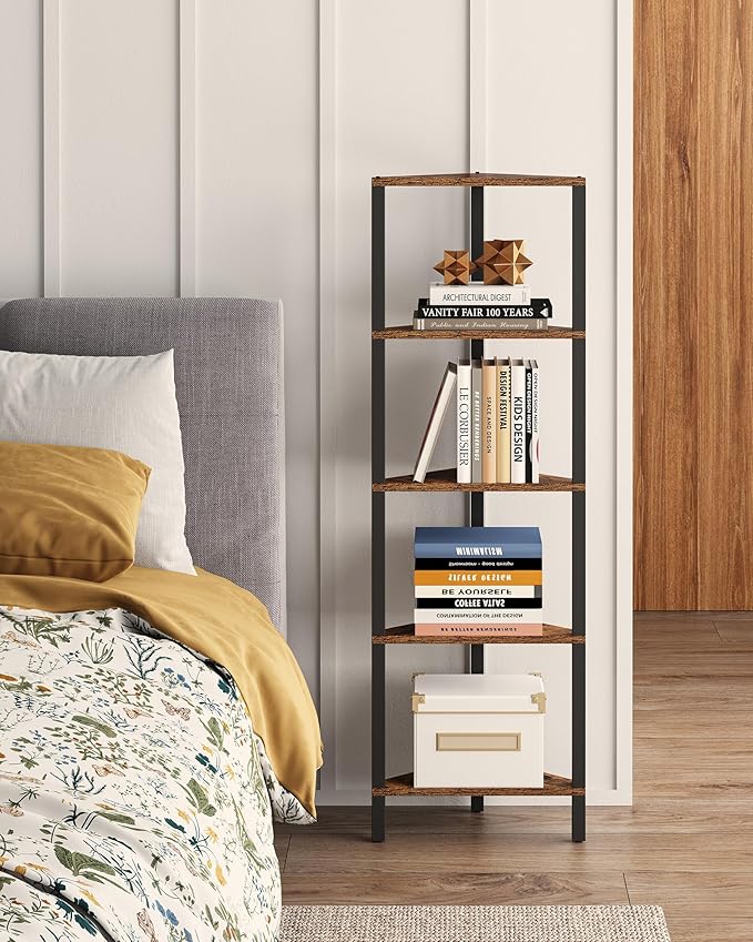 TUTOTAK Corner Shelf, 5-Tier Corner Bookshelf for Small Space, Narrow Display Corner Shelf Stand with Storage Rack, for Living Room, Bedroom, Rustic Brown BS05BB005