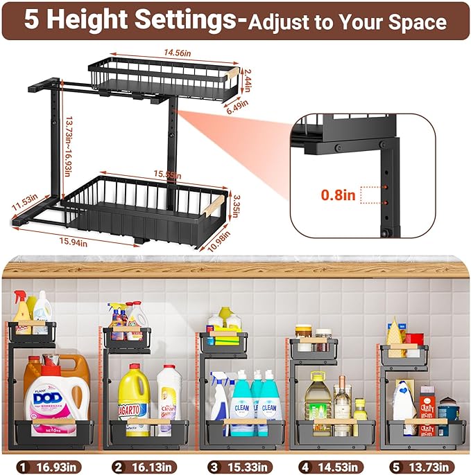GUUKAR Under Sink Organizer 2-Pack Pull out Cabinet Organizer 2 Tier Metal Shelf Undersink Rack for Kitchen Bathroom Pantry Cabinet Organization and Storage, Black