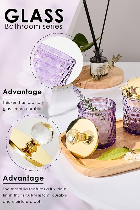 Purple Bathroom Accessories, 4Pcs Purple Bathroom Accessory Set Complete, Toothbrush Holder Set, Soap Dispenser, Qtip Holder, Tumbler, Perfect for Bathroom Decor and Vanity