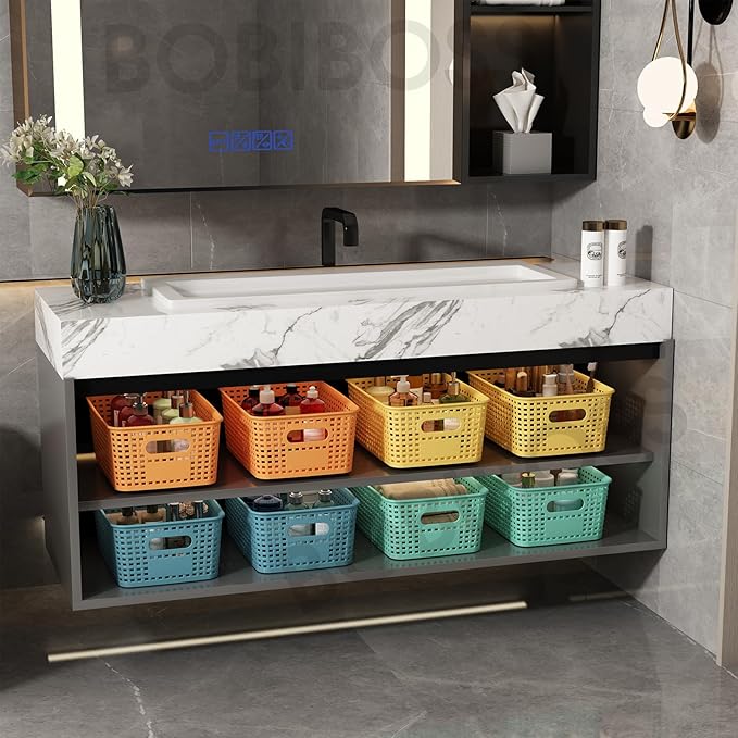 Colorful Plastic Storage Baskets with Lids 8 Pack Stackable Storage Bins Containers for Shelves Organizing, Colored Cute Decorative Storage Boxes for Classroom, Playroom, Closet, Pantry
