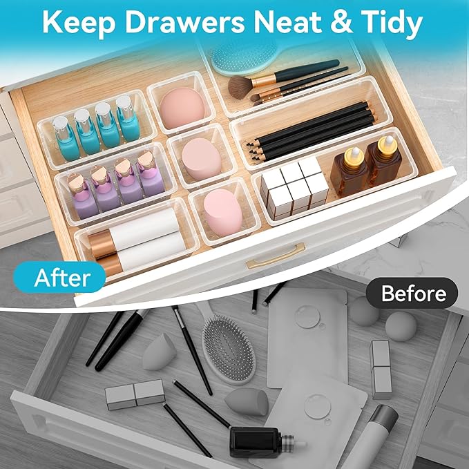 24 PCS Drawer Organizer Set, 4 Sizes Tool Storage Trays, Clear Plastic Makeup Vanity Organizer and Storage Bins for Makeup, Stationeries, Multiple Gadgets for Bathroom, Office, Bedroom