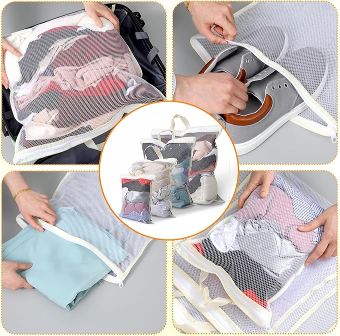 4PCS Mesh Laundry Bags for Washing Machine Hanging Laundry Hamper Delicates Laundry Bag with Handles (S/M/L/XL) Zipper Opening Wash Bag for Coat Sweater Lingerie Sock Sheet