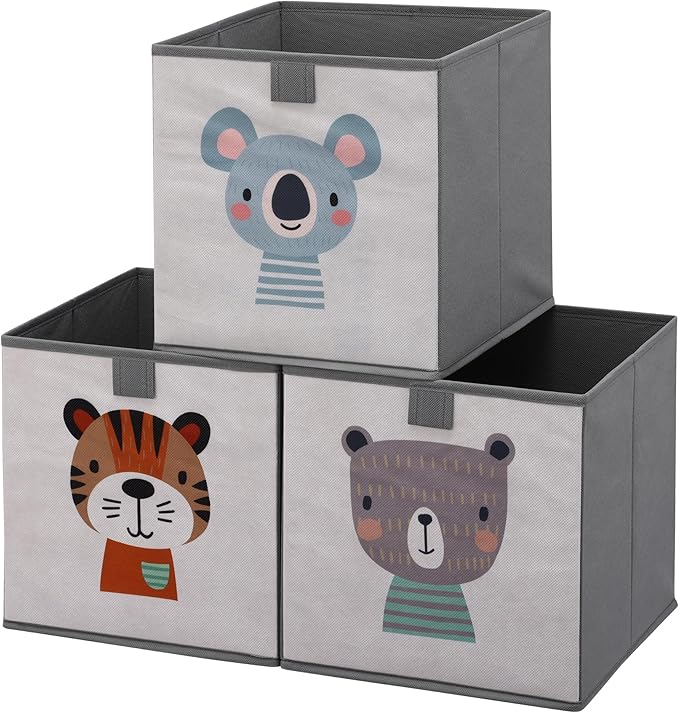 Navaris Kids Storage Cubes Set of 3 - Kids Cube Fabric Organizer Storage Bins - Foldable Cloth Cube for Childrens Bedroom Baby Nursery - Book Toy Bin Cubby Storage - Beige
