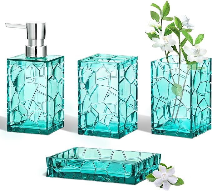 HBlife Bathroom Accessories Set, Teal Blue Acrylic Bathroom Counter Set with Toothbrush Holder, Soap Dispenser, Tumbler, Soap Dish, Turquoise Boho Modern Bathroom Decor, Ideal Gift Choice