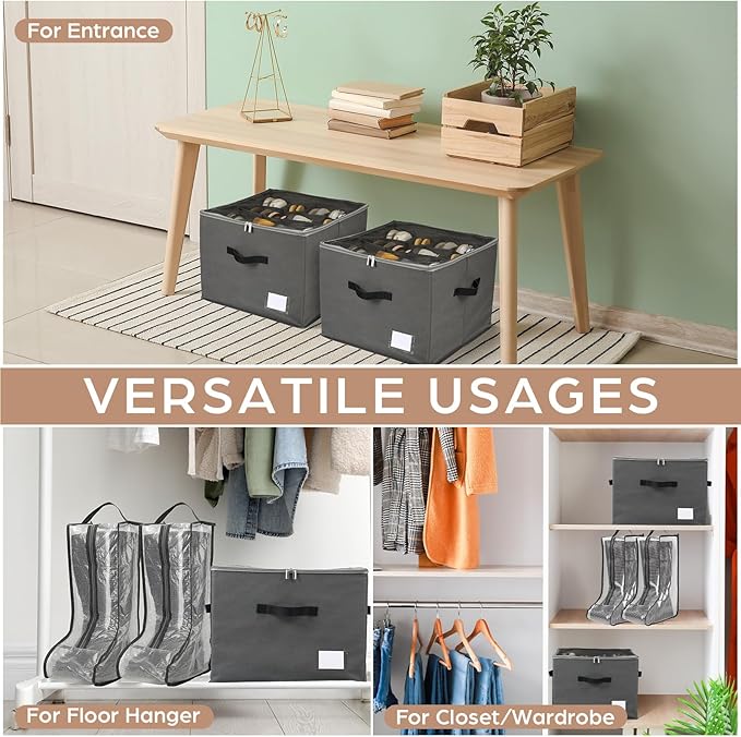 4 Pack Shoe Storage for Closet 26-30 Pairs Foldable Dust Proof Shoe Boot Storage Container Bags for Sneakers Tall Boots Heels Slippers with Clear Cover Reinforced Handles for Home Travel